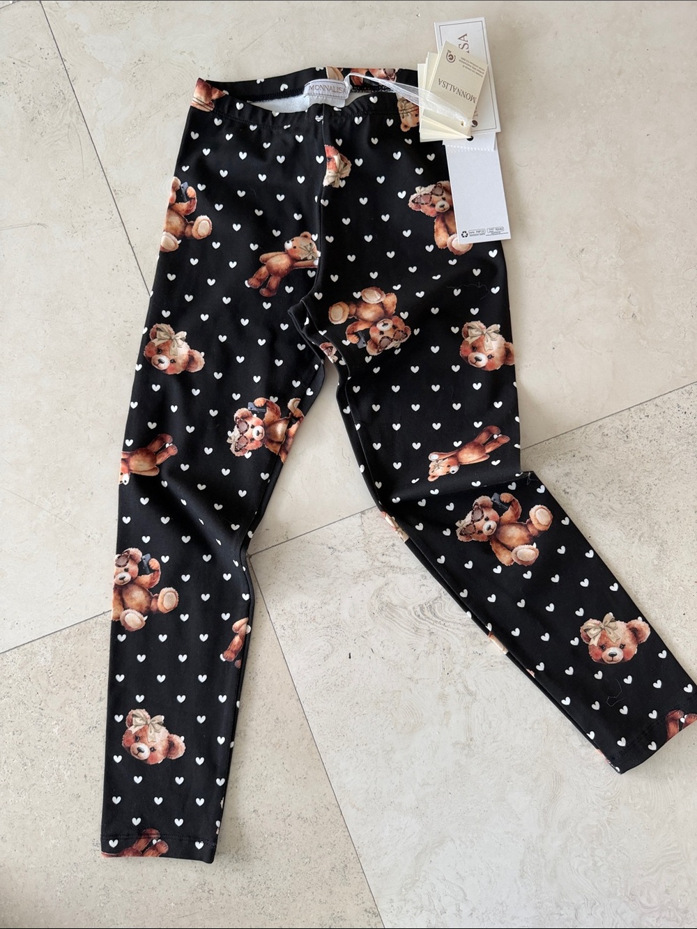 MonnaLisa Black Leggings with Brown Teddy Bears and White Hearts Pattern